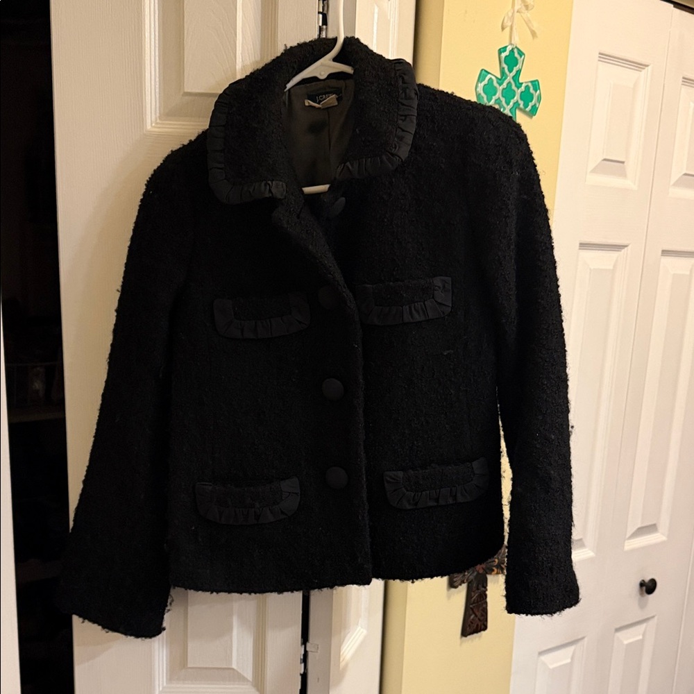 J. Crew Black Teddy Jacket with Ruffle Trim